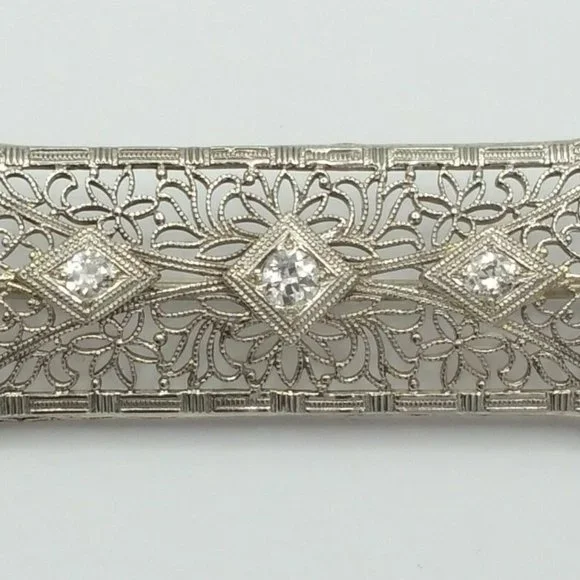 Beautiful Vintage 14K Karat Solid White Gold Designer Brooch With Diamonds